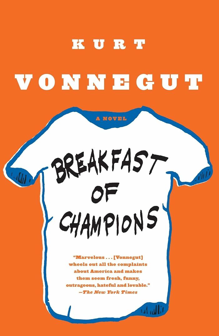 Cover of "Breakfast of Champions" by Kurt Vonnegut, featuring a white T-shirt illustration.