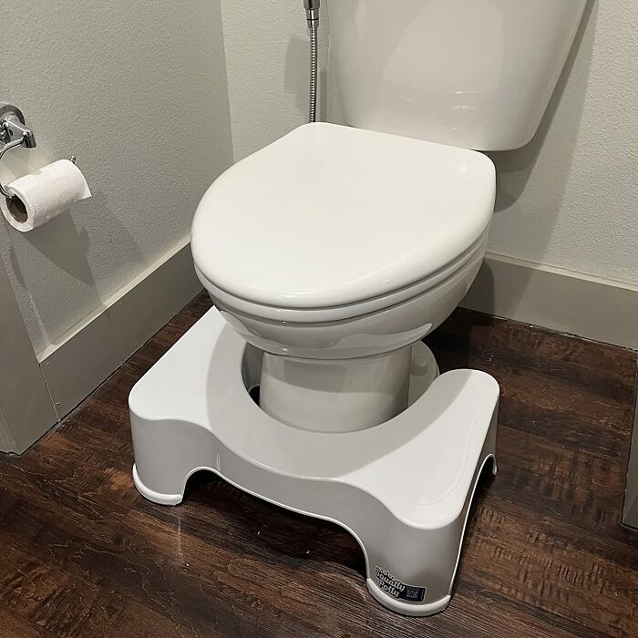 "Squatty Potty in bathroom, enhancing toilet posture, popular item from Sharktank."