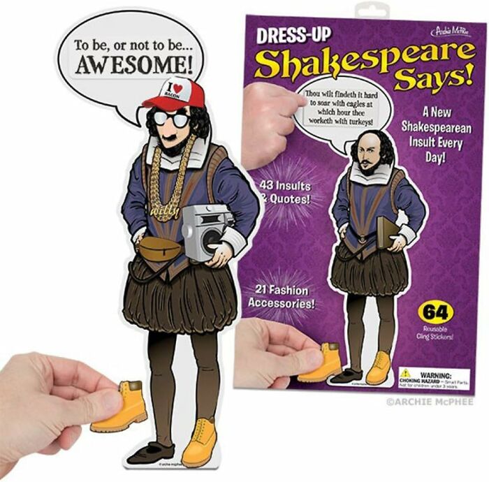 Dress-up Shakespeare figure from Archie Mcphee Items with accessories and humorous quotes packaging.