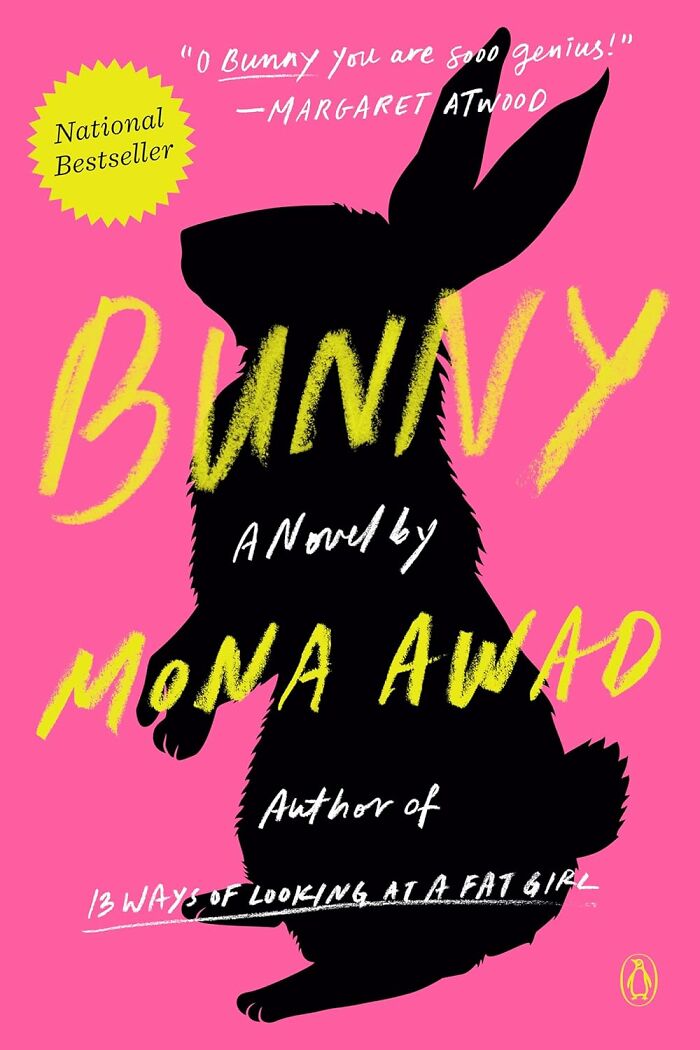 Cover of "Bunny" by Mona Awad featuring a black silhouette of a rabbit on a pink background.