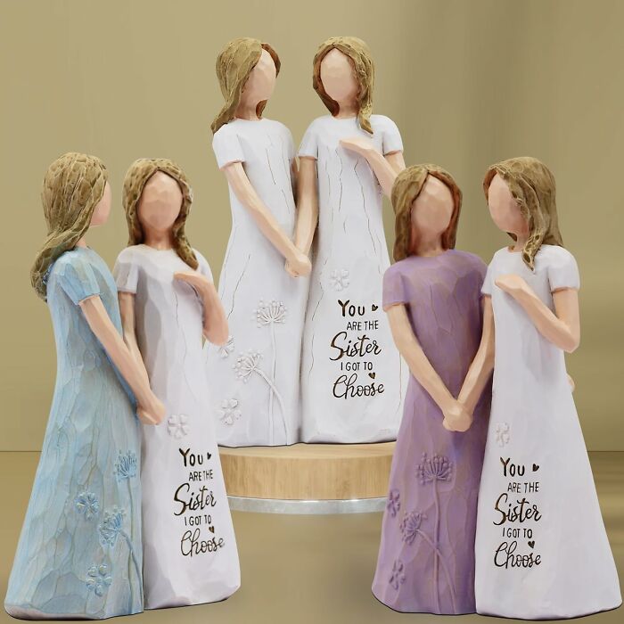 Galentines Day gifts: figurines of women with "You are the sister I got to choose" inscription.