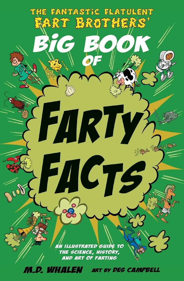 Book cover titled "Farty Facts" with cartoon characters and fart-themed illustrations on a green background.