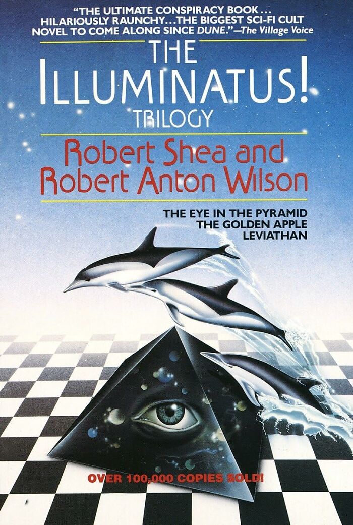 Book cover of "The Illuminatus! Trilogy" featuring dolphins and a pyramid with an eye, highlighting weird but wonderful reads.