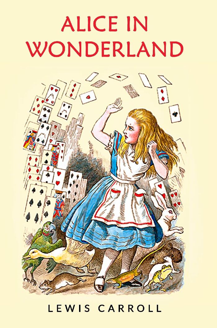 "Alice in Wonderland cover with cards and animals, highlighting a weird but wonderful read by Lewis Carroll."