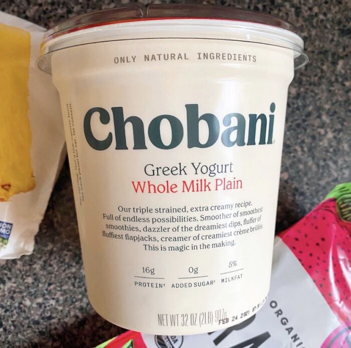 Chobani Greek yogurt container on a counter, showcasing old school beauty hacks with natural ingredients.