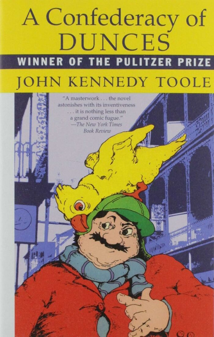 Cover of "A Confederacy of Dunces" featuring a cartoon character with a yellow bird, highlighted as a weird but wonderful read.