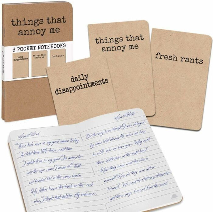 Collection of Archie Mcphee items, including notebooks labeled "things that annoy me" and "daily disappointments."