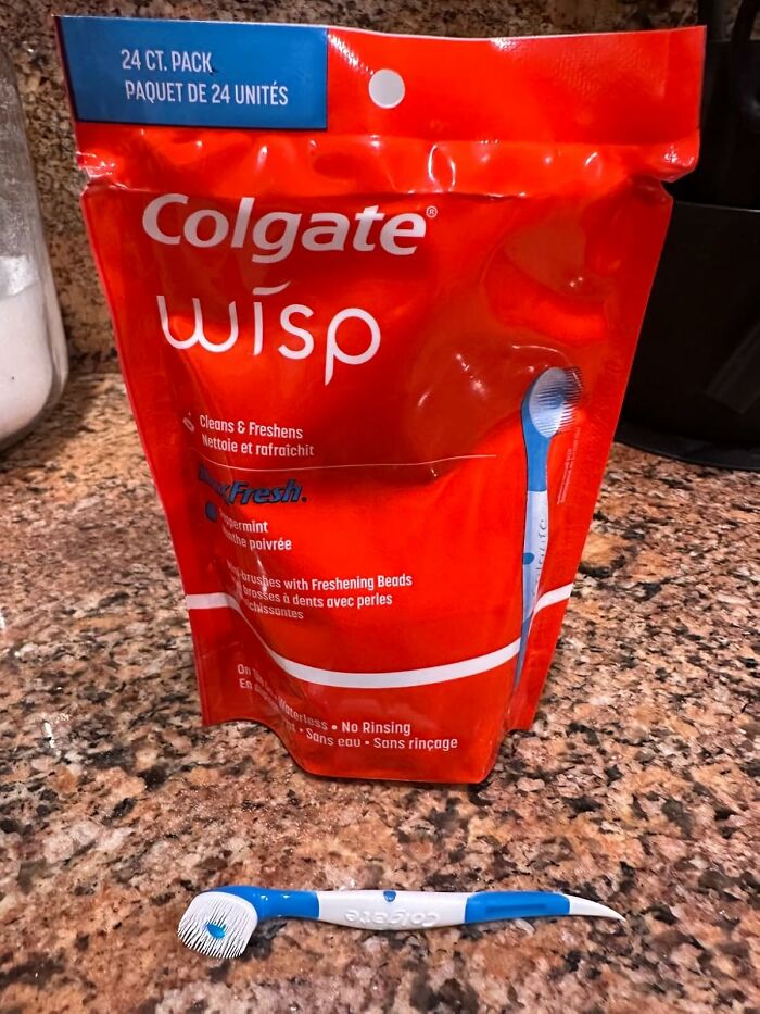 Colgate Wisp pack on a countertop, useful travel item to avoid common mistakes.