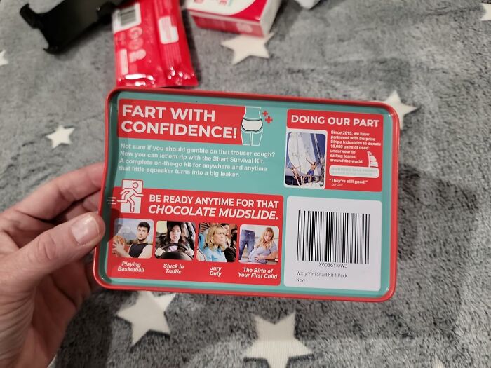 Hand holding a kit labeled "Fart With Confidence," a weird novelty item that exists to handle unexpected situations.