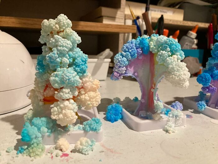 Colorful crystal trees on a desk, exemplifying artistic finds that captivate the creative spirit.