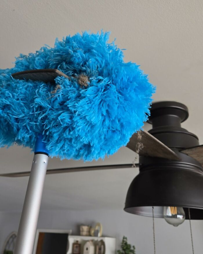 Blue duster cleaning a ceiling fan, symbolizing a spring cleaning headstart.