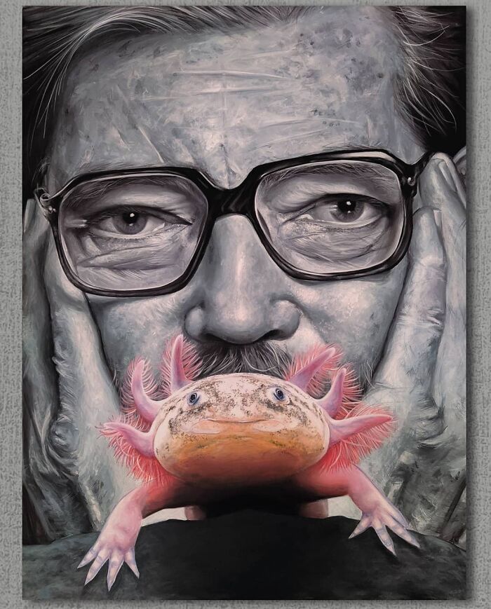 Chilean artist's mural featuring a detailed portrait of a man with an axolotl, showcasing breathtaking artistry.