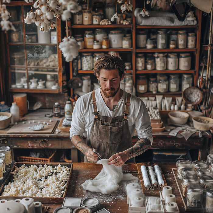 Man in an apron crafting with various materials, surrounded by jars, invoking the theme of Lithuanian idioms.