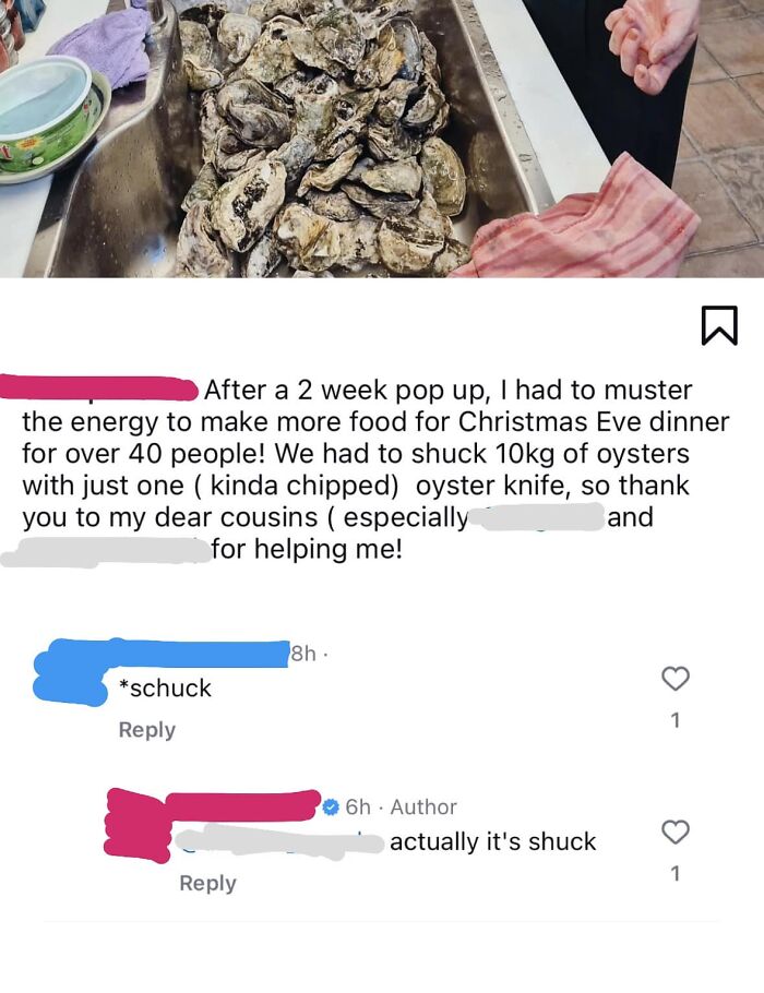 Oysters in a sink, text conversation incorrectly correcting word "shuck" related to courage and brains.