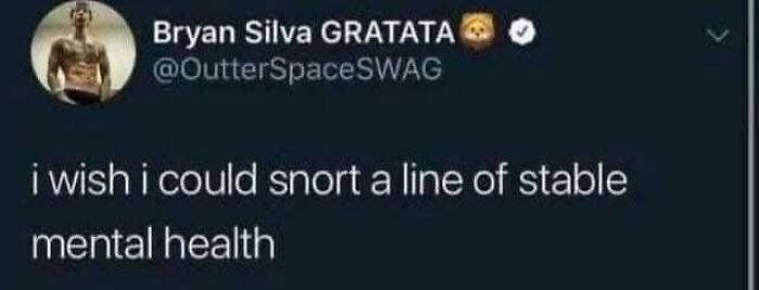 Tweet saying "I wish I could snort a line of stable mental health" as a humorous take on mental health memes.