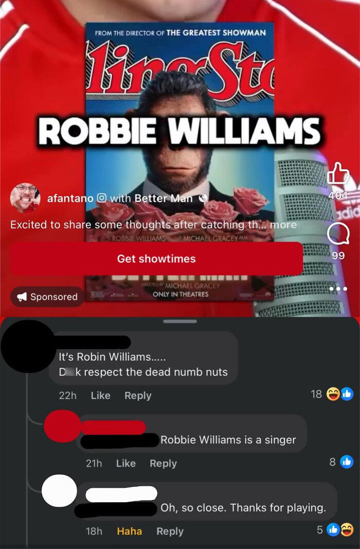 Comments incorrectly correcting Robbie Williams as Robin Williams, showcasing courage without brains.