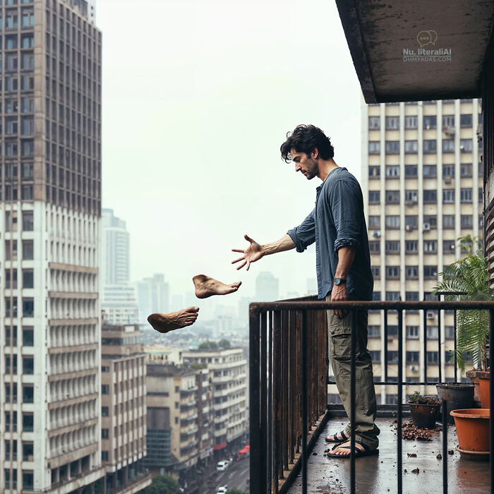 Man on balcony interacting with floating loafers against a city backdrop, illustrating funny Lithuanian idioms.