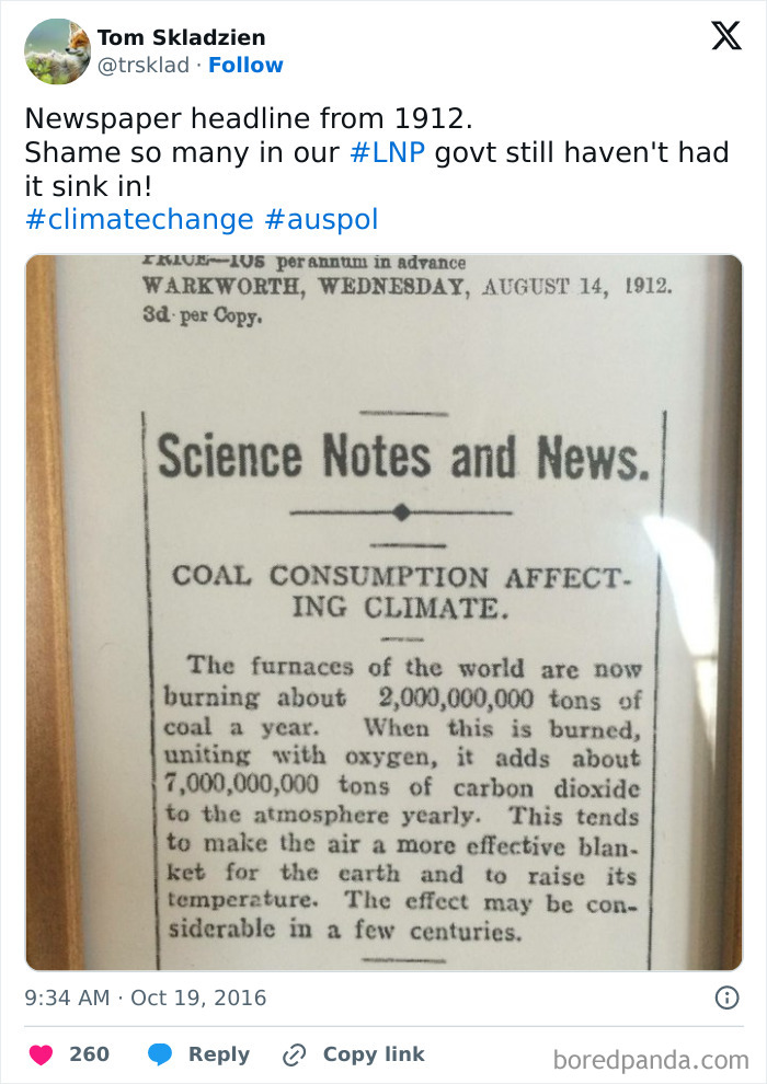1912 newspaper headline about coal affecting climate, showcasing cool-old-things with early awareness of climate change.