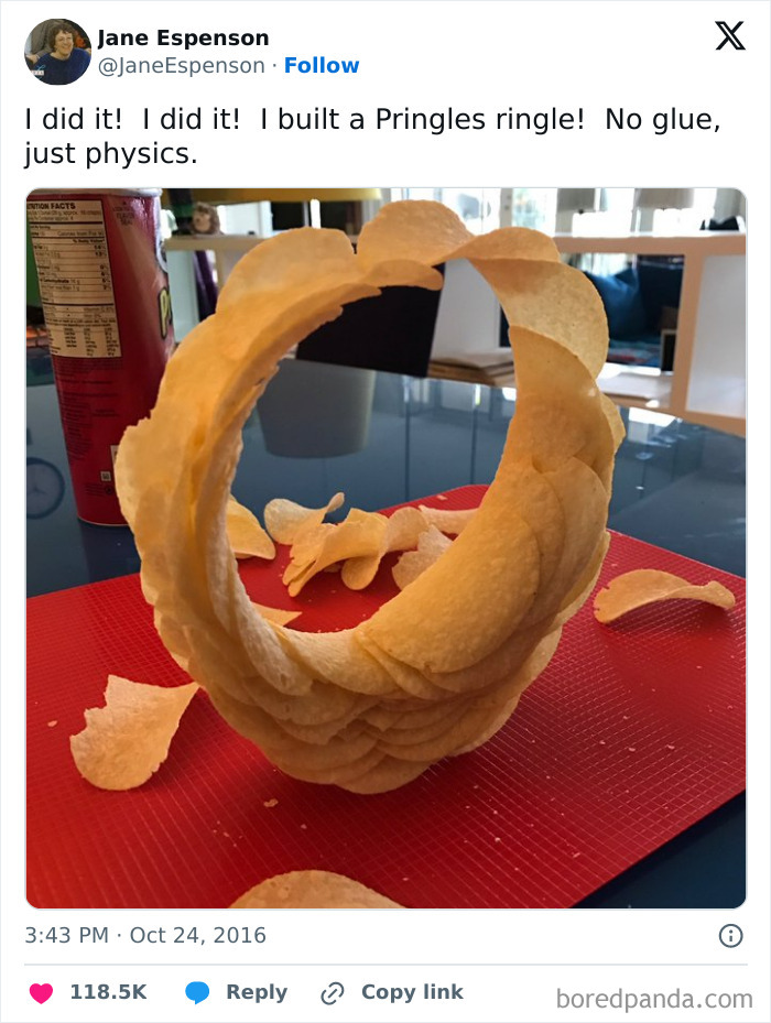 Pringles final boss ring made from stacked chips on a red mat, showcasing impressive balance and physics.