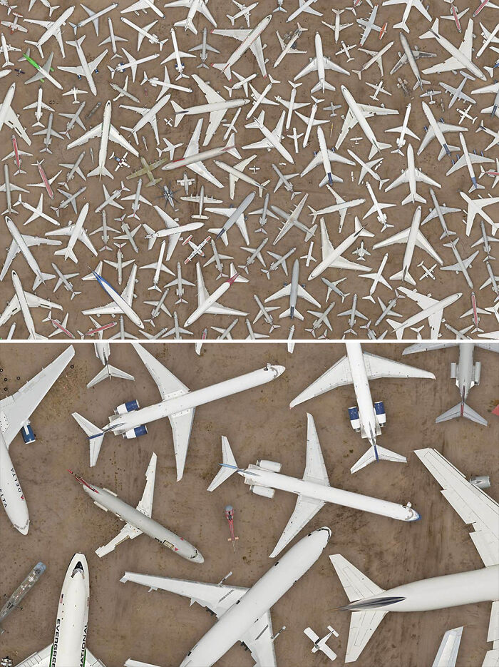 Aerial photo by Cássio Vasconcellos showing numerous aircraft parked densely on a dirt surface.