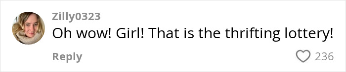 Comment saying, "Oh wow! Girl! That is the thrifting lottery!" about a thrift store find.