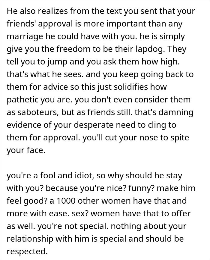 Text discussing the importance of friends' approval over marriage, and criticism of lack of special qualities in a relationship.