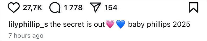 Lily Phillips announces pregnancy on social media with baby emojis and text "baby phillips 2025. Lily Phillips announces pregnancy on social media with baby emojis and text "baby phillips 2025.