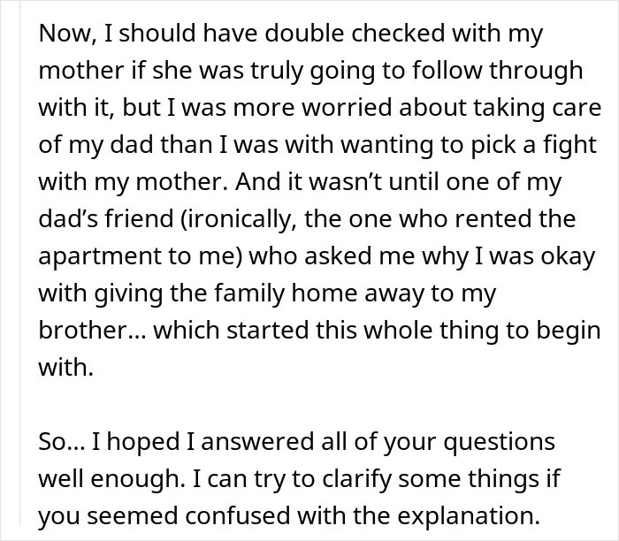 Text discussing concern over inheritance, with focus on family dynamics and feelings about a brother receiving the family home.
