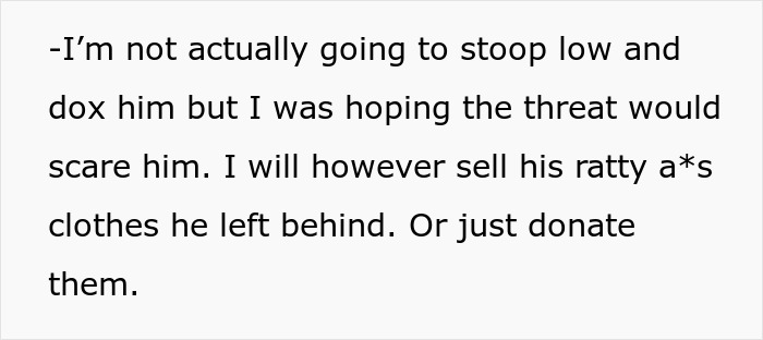 Text response about stolen rent and revenge plan involving roommate's clothes. Text response about stolen rent and revenge plan involving roommate's clothes.