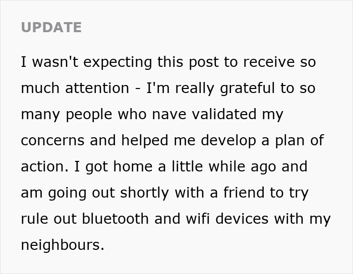 Text update expressing gratitude for support on a student’s creepy comment, planning to check bluetooth and wifi devices. Text update expressing gratitude for support on a student’s creepy comment, planning to check bluetooth and wifi devices.