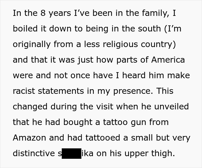 Text with words discussing family, cultural differences, and an offensive tattoo. Text with words discussing family, cultural differences, and an offensive tattoo.