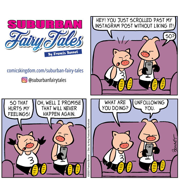 Comic strip featuring two pigs showing relationship disasters humor from a pig's perspective with Instagram post and unfollowing joke.