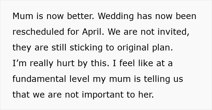 Text expressing hurt feelings about not being invited to a wedding, excluding step-kid due to cost concerns.