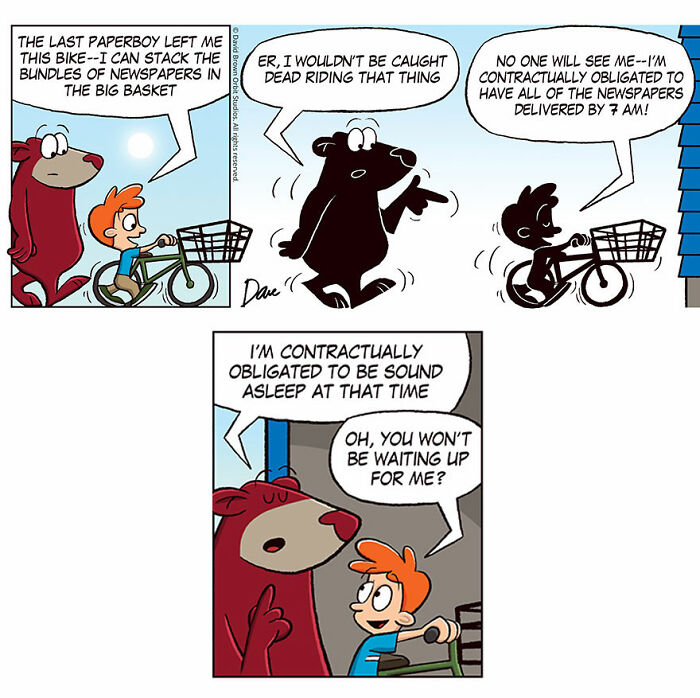 Cartoon featuring Planey Joey with a bear discussing newspaper delivery using a bike.