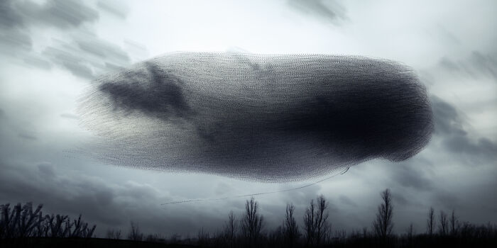 Migrating birds form a dense cloud in the sky, captured by Kathryn Cooper.