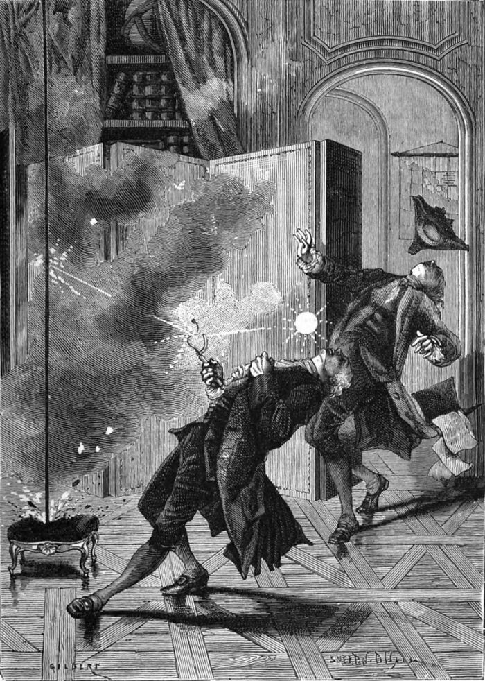 Inventors in a dramatic scene with an explosion in a vintage illustration.