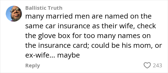 Comment about married men and insurance cards as warning signs of cheating. Comment about married men and insurance cards as warning signs of cheating.