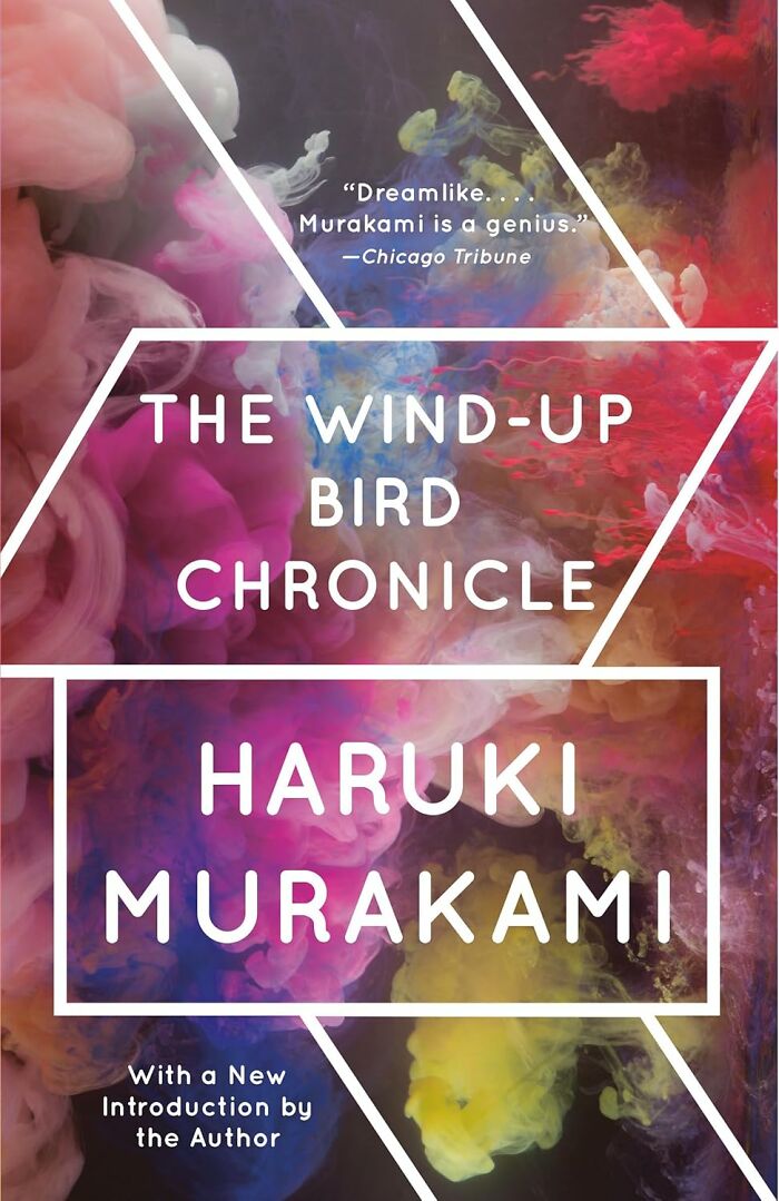Cover of "The Wind-Up Bird Chronicle" by Haruki Murakami, featuring colorful abstract background.