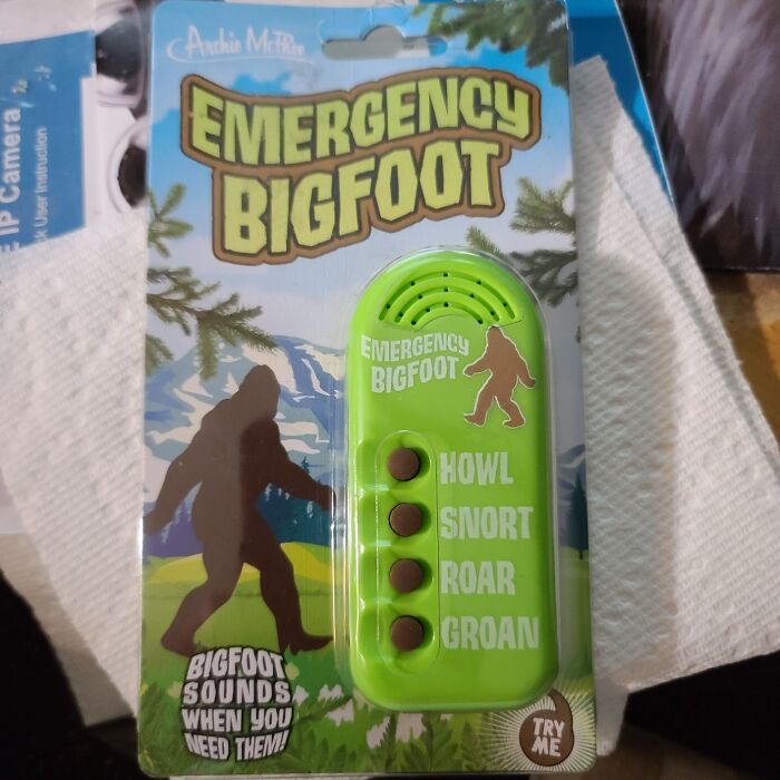 Archie McPhee item: Emergency Bigfoot sound toy in packaging with howl, snort, roar, groan buttons.