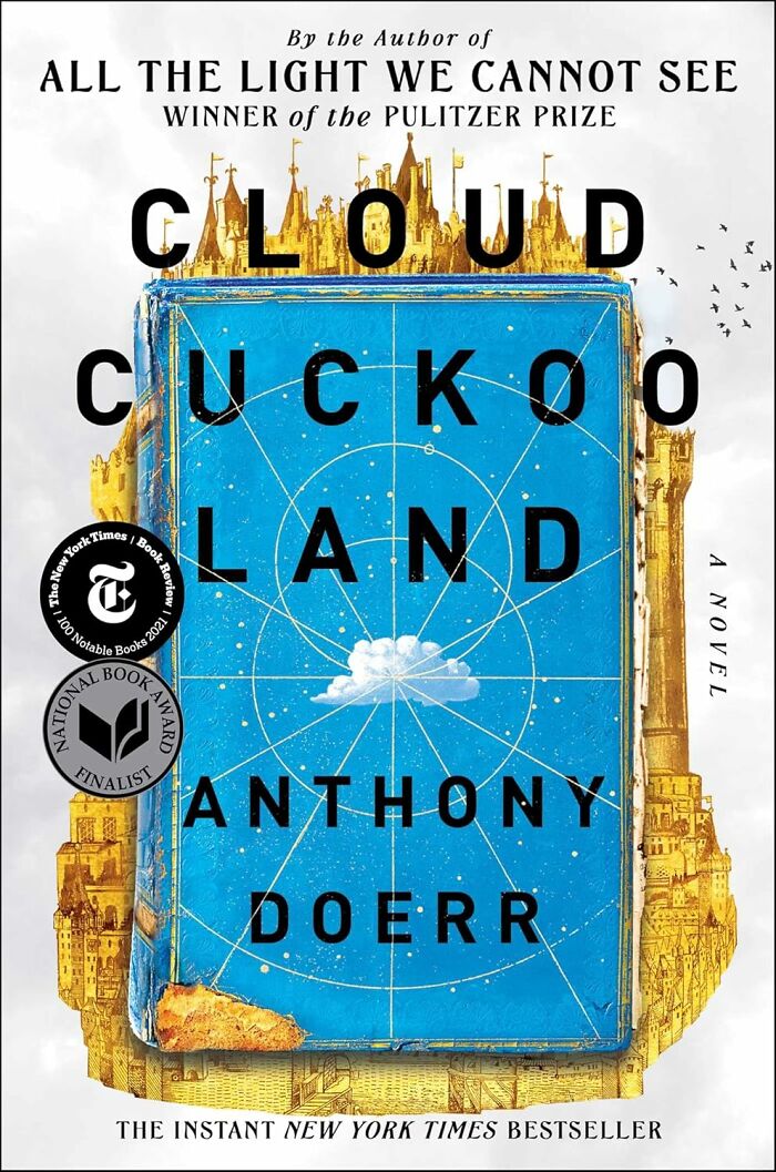 Book cover of "Cloud Cuckoo Land" by Anthony Doerr, featuring a blue sky and cloud design, noted for unique reads.