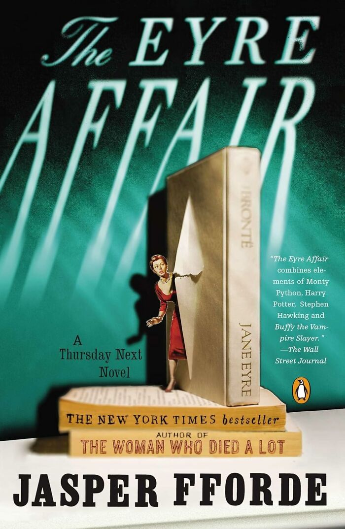 Cover of "The Eyre Affair" by Jasper Fforde, featuring a character peering from a book with a whimsical backdrop.