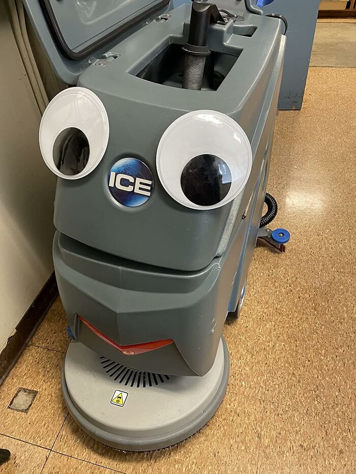 Cleaning machine with large googly eyes attached, adding a playful touch to an impulse buy worth the financial decision.