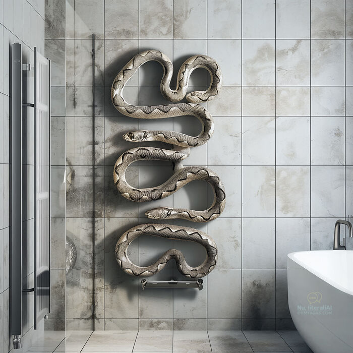 A bathroom with a snake-shaped towel rack, illustrating funny native idioms creatively.