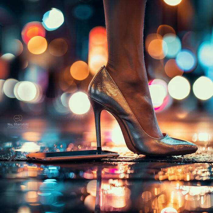 High-heeled shoe beside a smartphone on a wet city street, with colorful bokeh lights in the background, illustrating idioms.