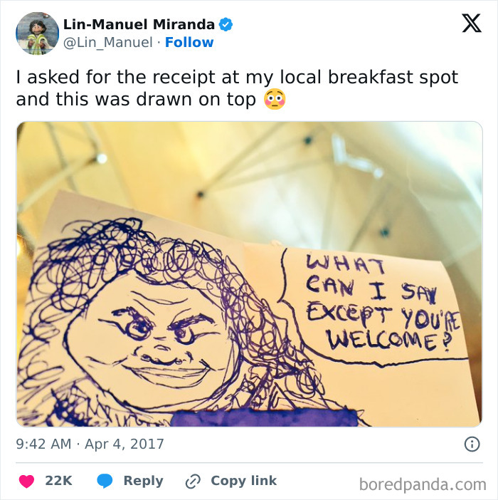 Hand-drawn face on receipt with "What can I say except you're welcome?" written, found at breakfast spot.