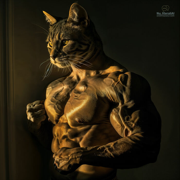 Anthropomorphic muscular cat standing in a shadowed setting.