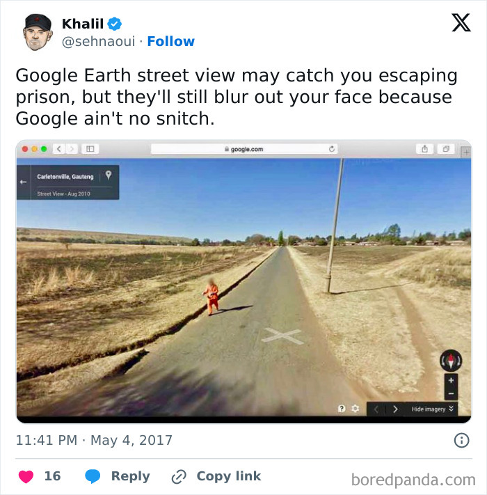 Meme showing Google Earth street view with a blurred-out person in an orange outfit on a rural road.