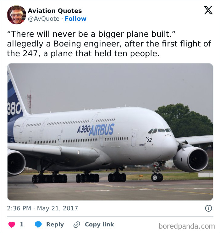 A380 Airbus on the tarmac with quote about Future Predictions Aged Bad, claiming no bigger plane would be built.