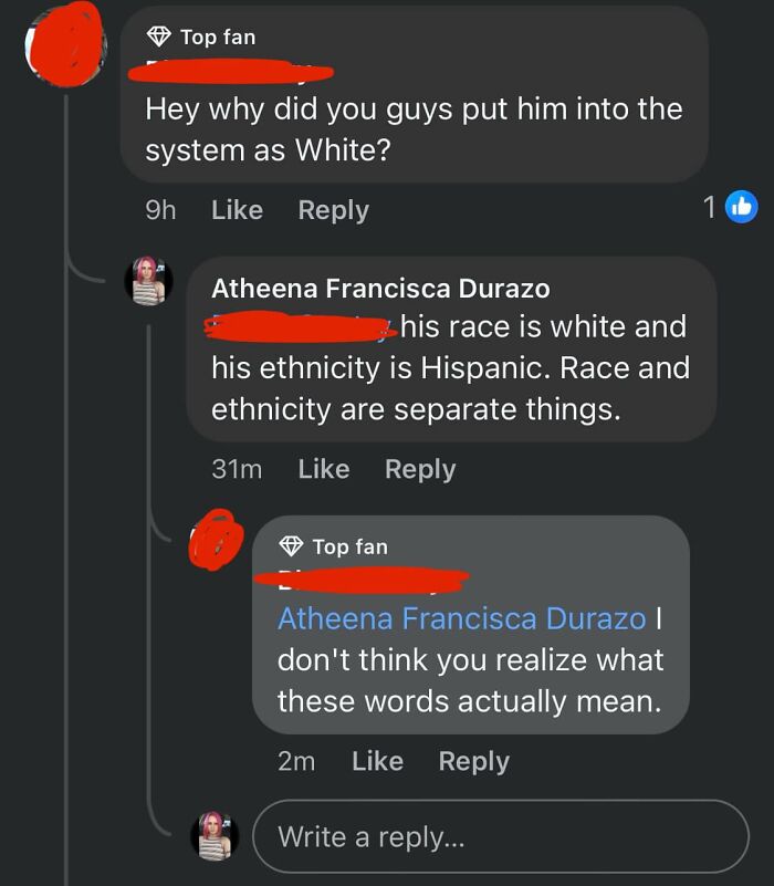 Facebook comment thread on race and ethnicity featuring incorrect correction attempt.