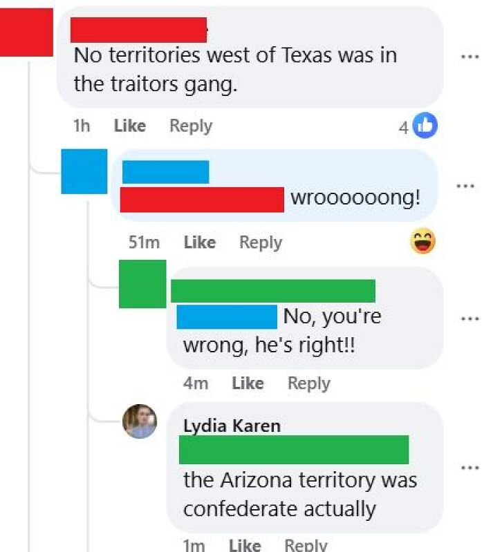Facebook comment thread where people incorrectly correct historical facts.